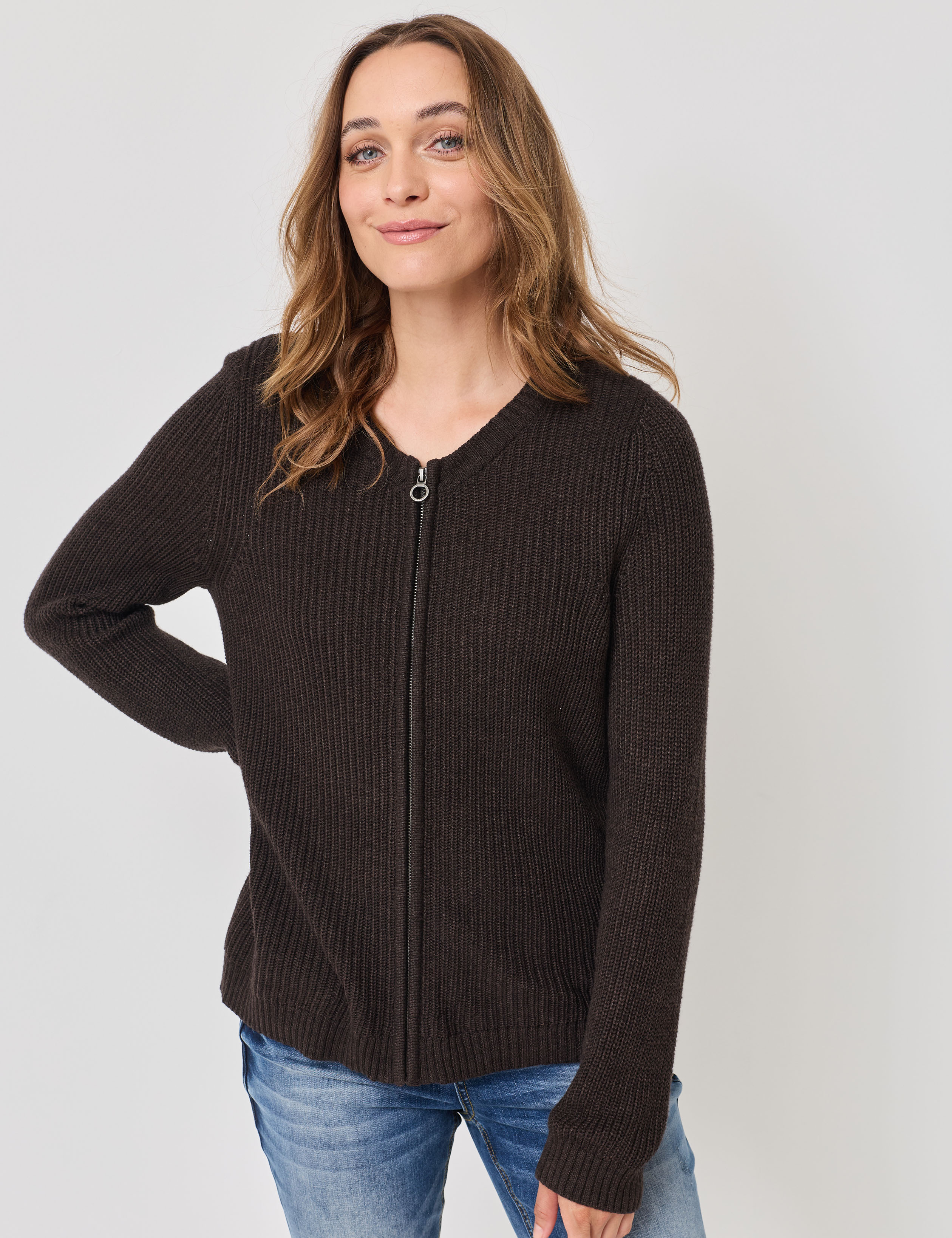 Gerippte Strickjacke, Baumwoll-Mix