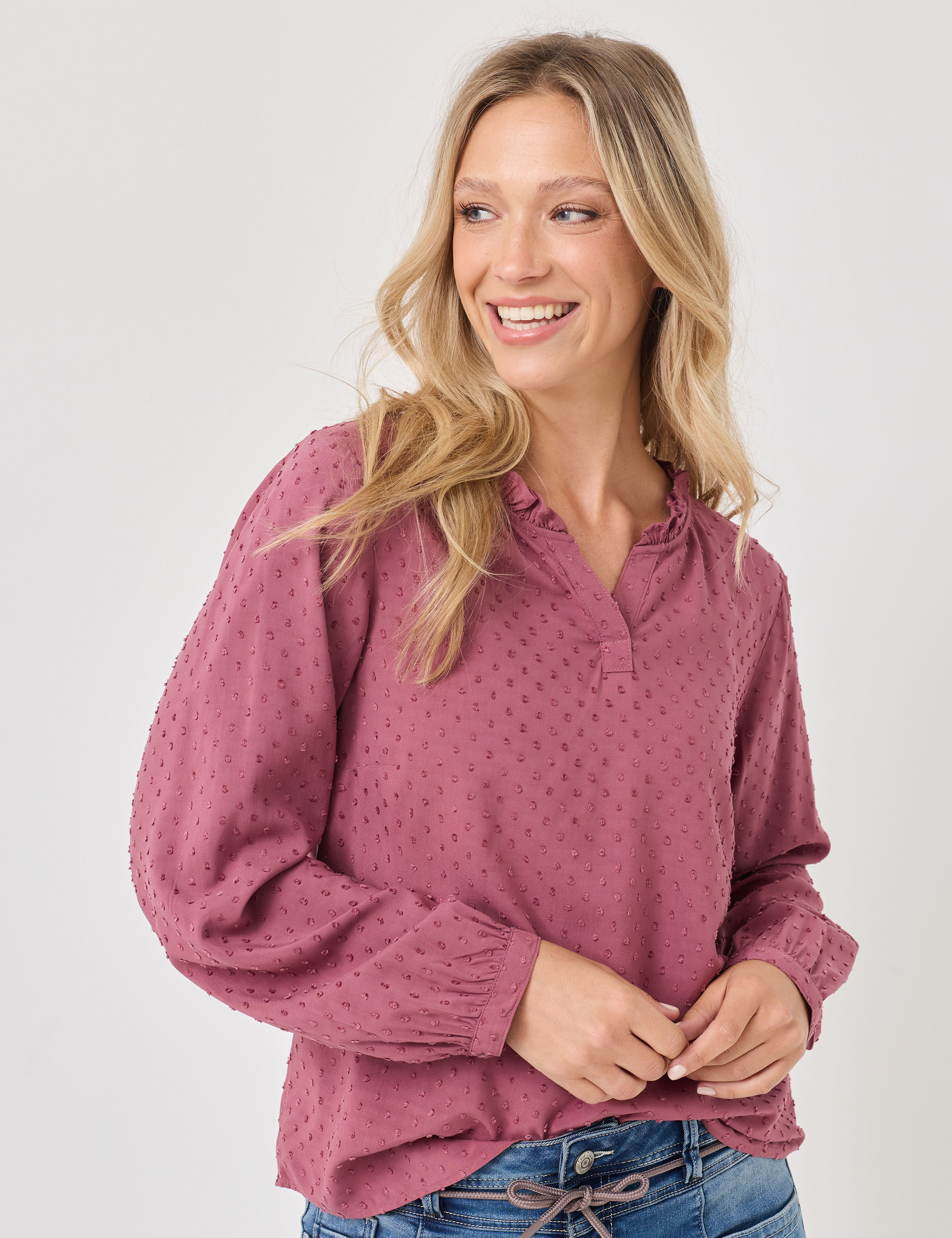 Uni-Bluse mit Punkten & Rüschen