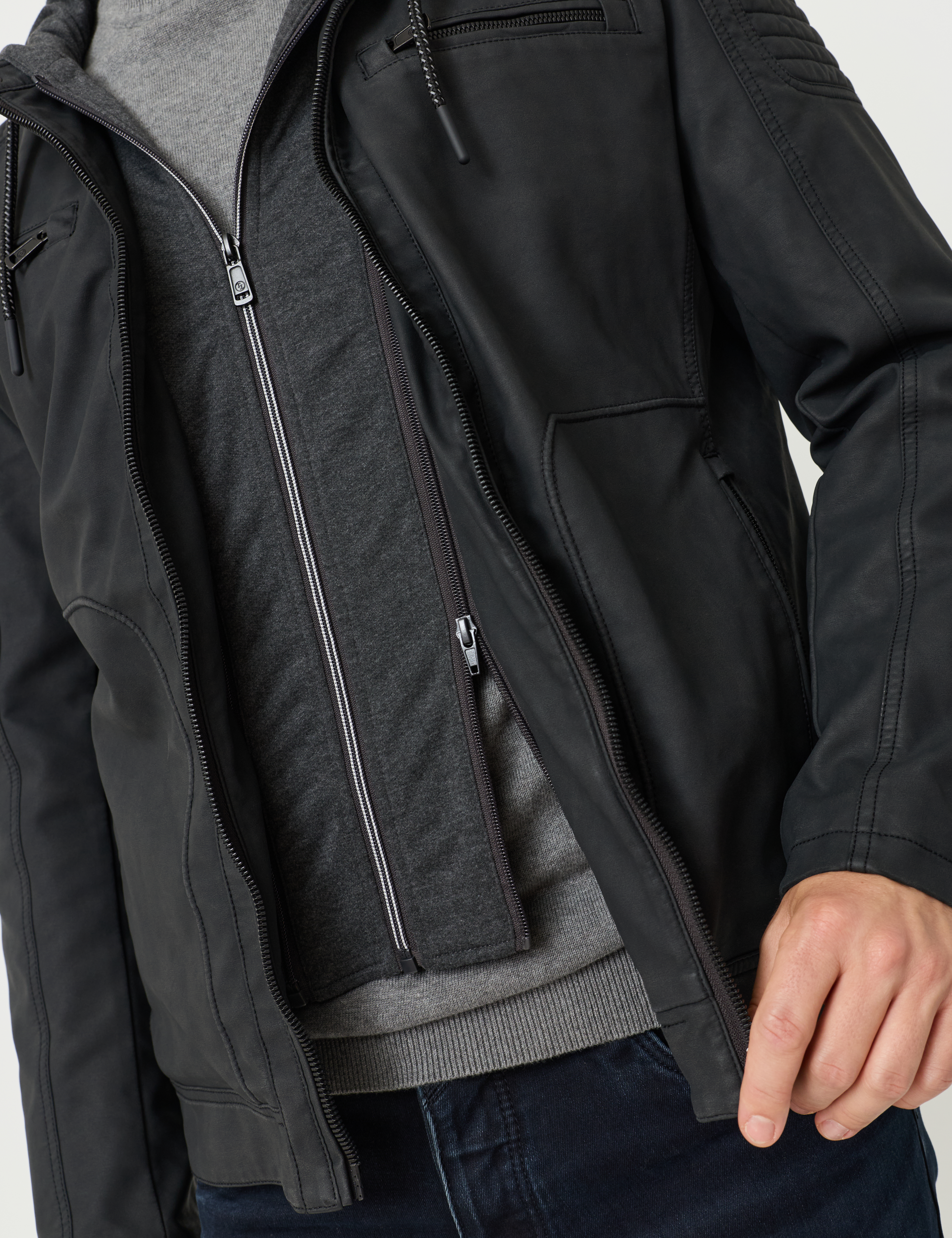Lederlook-Bikerjacke m. Sweatkapuze