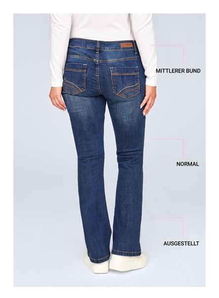 Mittelblaue Damen Jeans mit mittlerer Bundhöhe und ausgestelltem Beinverlauf in Rückansicht