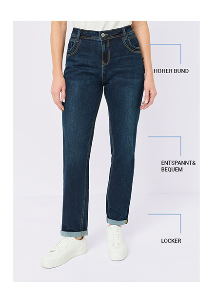 Mittelblaue Damen Jeans mit mittlerer Bundhöhe und ausgestelltem Beinverlauf in Rückansicht
