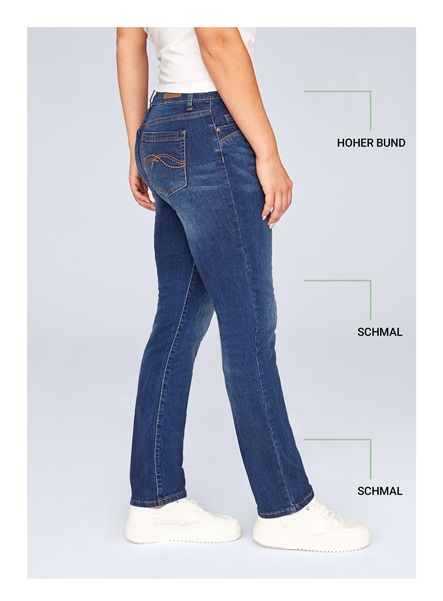 Damen Denim Jeans in Mid Blue mit hohem Bund und schmaler Passform in Seitenansicht
