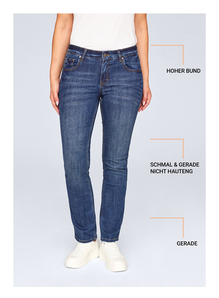 Mittelblaue Damen Jeans mit hohem Bund und schmal geradem Schnitt in Frontansicht