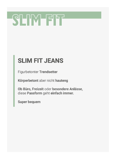 Infografik mit Eigenschaften der Slim Fit Jeans und Passformdetails