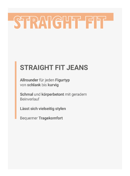 Textgrafik zu Straight Fit Jeans mit Beschreibung der Passform und Eigenschaften
