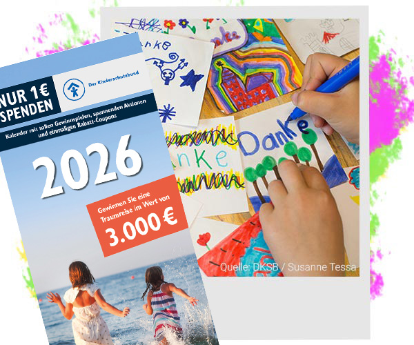 Kalender 2025 mit 1 Euro Spende und Kinderzeichnungen mit malenden Kinderhänden