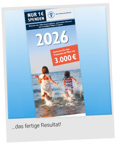 Kalender 2024 mit Spendenhinweis „1 € Spende“, Strandmotiv und Logo von JEANS FRITZ